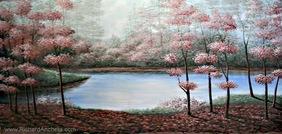 Landscape mural painting in autumn with brown, black, pink, blue and light green combinations, acrylic on canvas, mural by Richard Ancheta - Montreal.