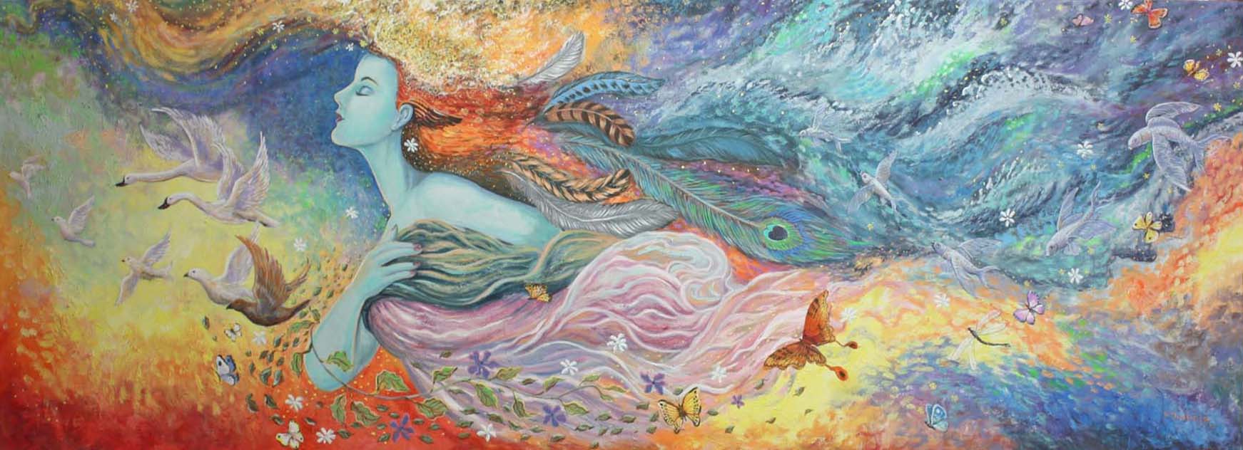 Decorative surreal mural painting - lady with draperies, adored with birds, ducks, colorful feathers, butterflies, flying fish, blue skies and turquoise sea wave waters.