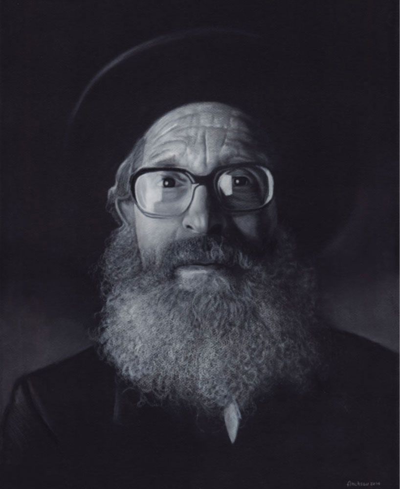 superrealism charcoal portrait of Rabbi Finkel - hyperrealism & photorealism by Richard Ancheta - Montreal