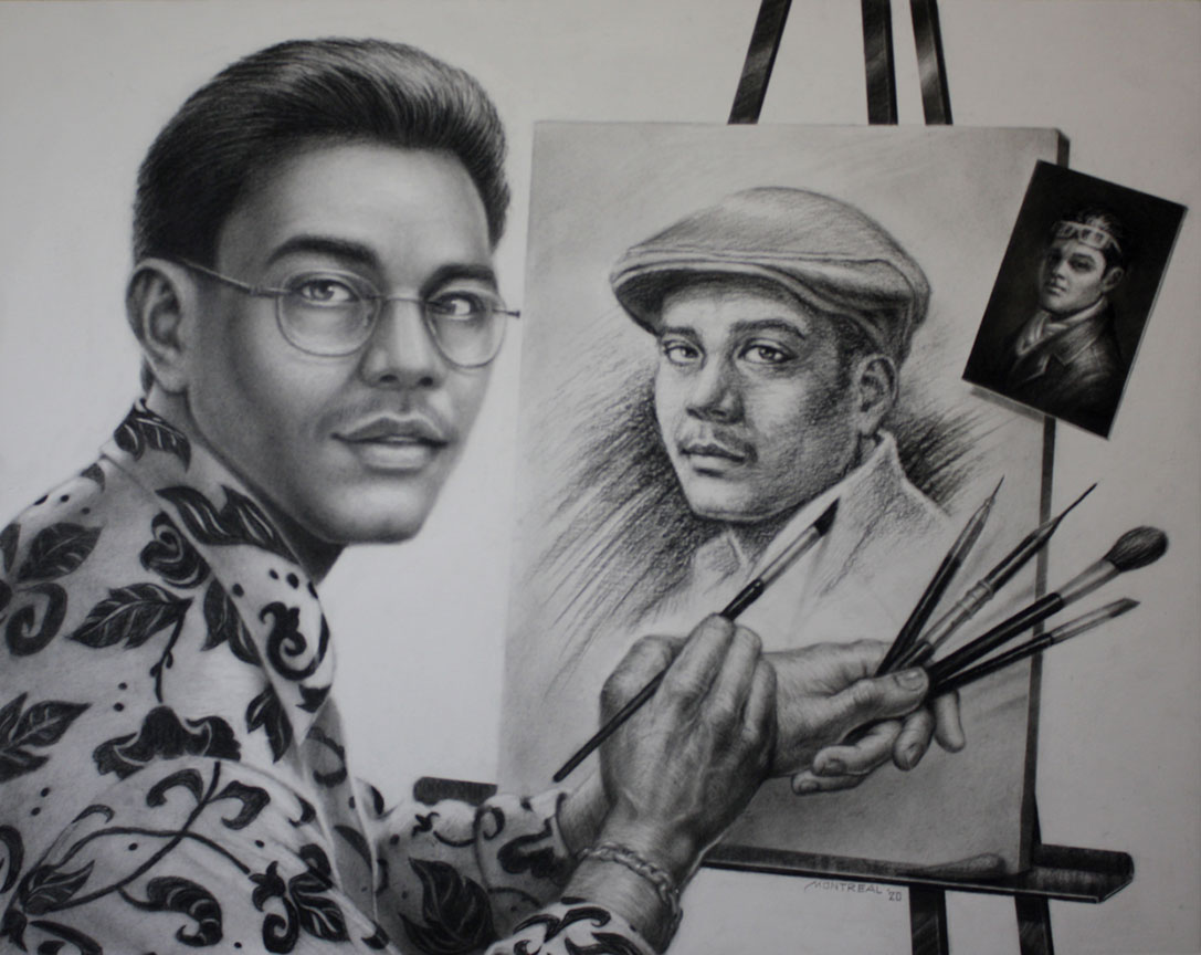 Richard Fernandez Ancheta, RichardAncheta.com, triple self-portrait avec la fleur de lys - charcoal portrait, portrait au fusain, portrait artist -  Montreal.