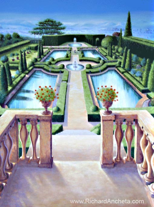 Tuscan terraces with the view of Italian garden, trompe-lœil mural by Richard Ancheta - Montreal.